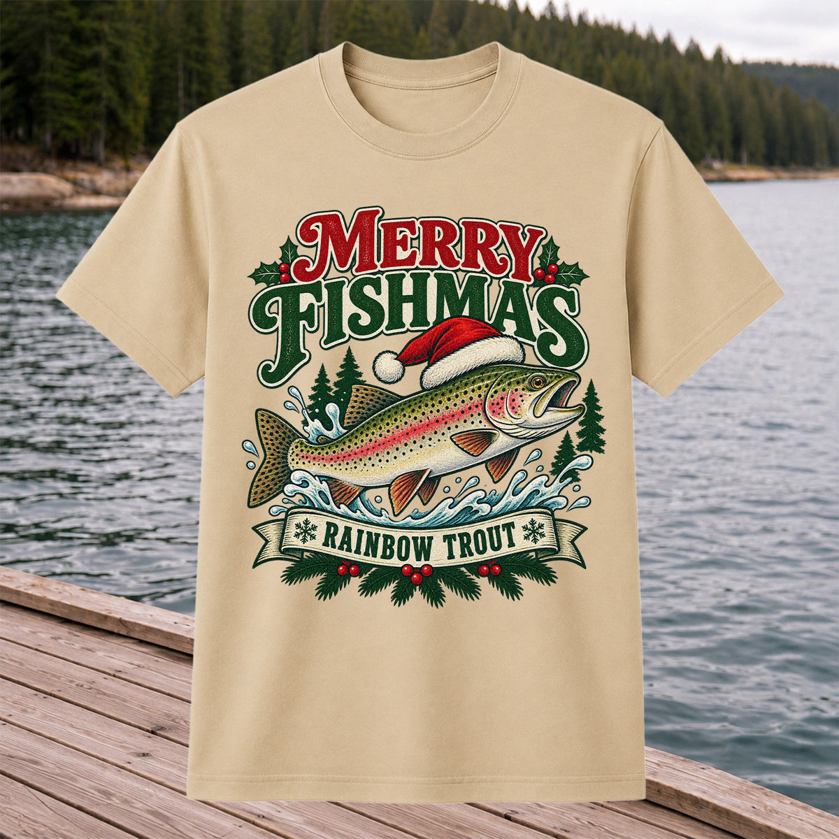 Merry Fishmas Rainbow Trout in Santa Hat Christmas Fishing T-Shirt