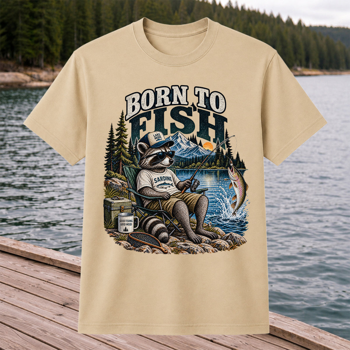 Born to Fish Raccoon in Sunglasses Lake Fishing T-Shirt