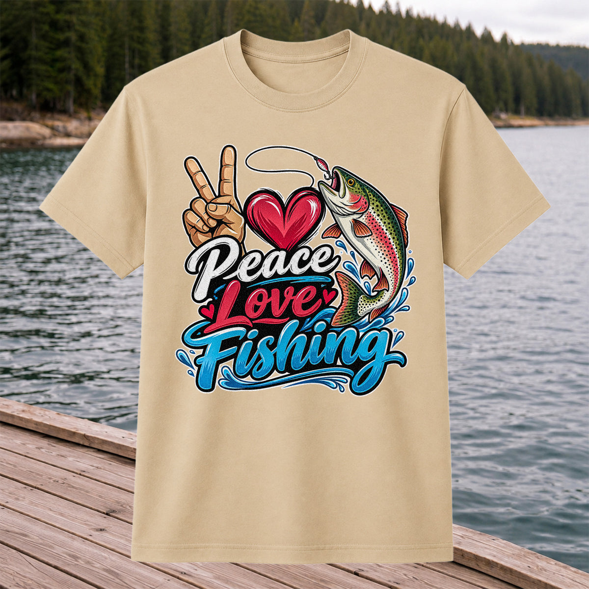 Peace Love Fishing Rainbow Trout and Heart Graphic T-Shirt