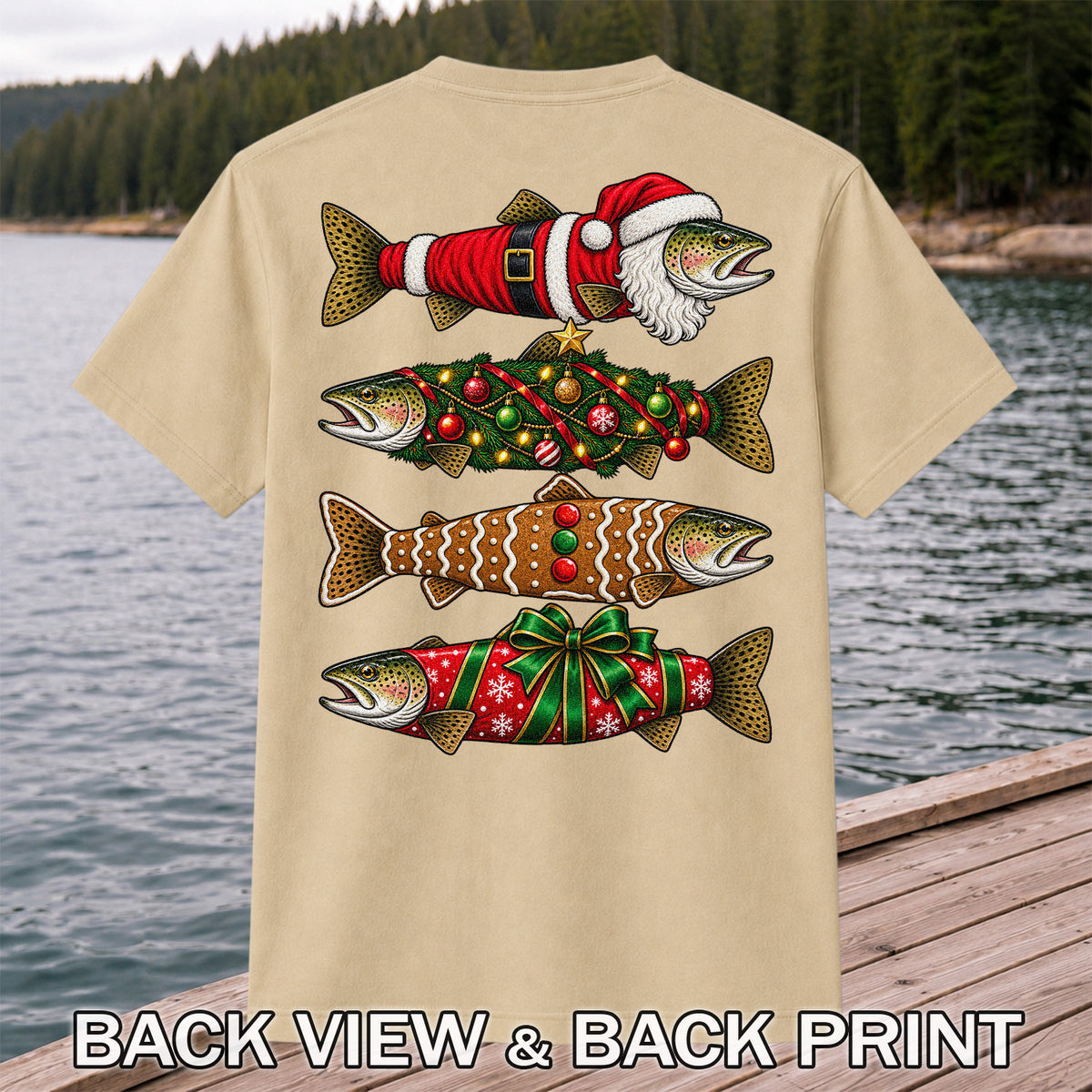 Festive Christmas Trout Santa and Gingerbread Fishing T-Shirt | Back Print