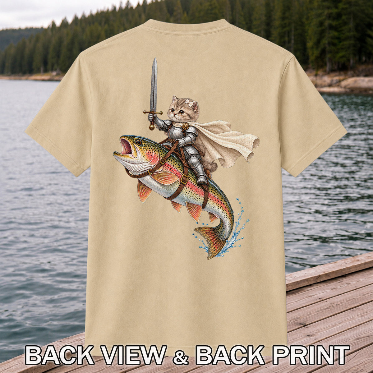Cat Knight Riding a Rainbow Trout Fishing Graphic T-Shirt | Back Print