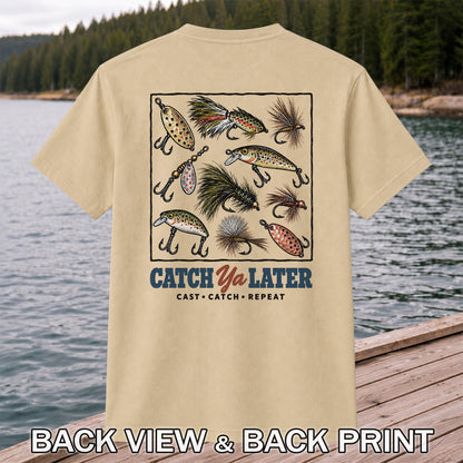 Catch Ya Later Cast Catch Repeat Fishing Lures Graphic T-Shirt | Back Print