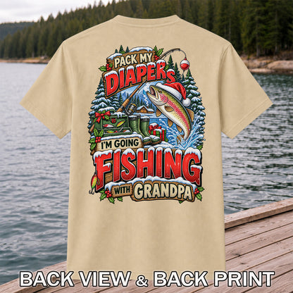 Pack My Diapers I'm Going Fishing With Grandpa Christmas Rainbow Trout T-Shirt | Back Print