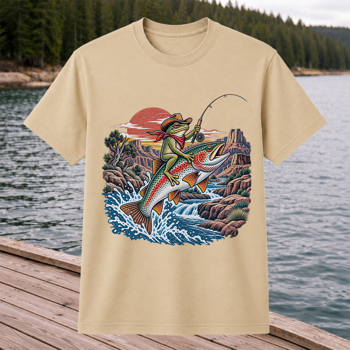 Cowboy Frog Riding a Rainbow Trout Canyon Fishing Graphic T-Shirt