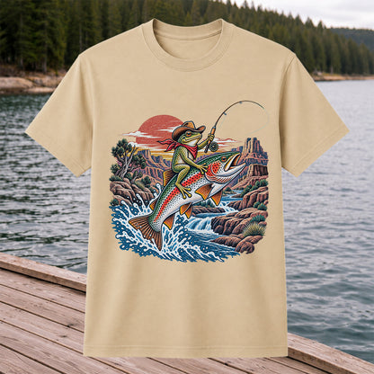 Cowboy Frog Riding a Rainbow Trout Canyon Fishing Graphic T-Shirt
