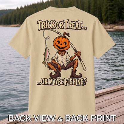 Trick or Treat Or Maybe Fishing Pumpkin Angler with Trout Halloween T-Shirt | Back Print