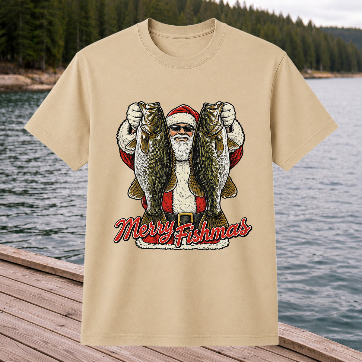 Santa Holding Bass Christmas Fishing Graphic T-Shirt