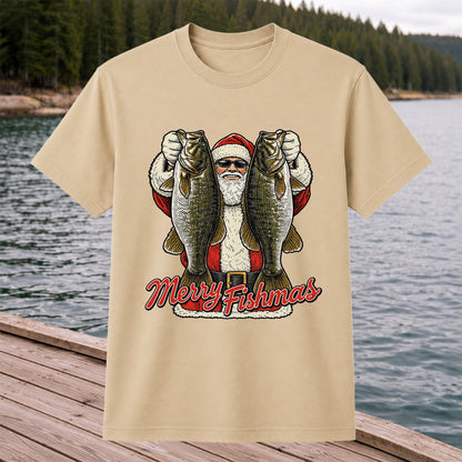Santa Holding Bass Christmas Fishing Graphic T-Shirt
