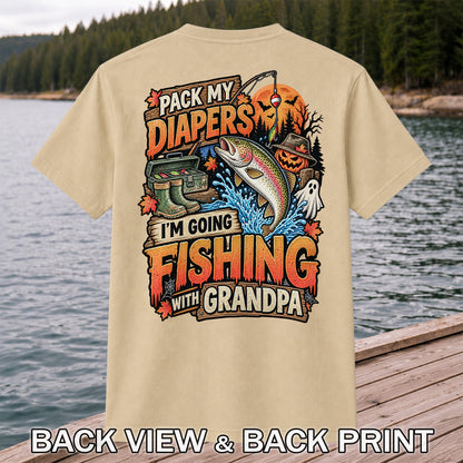 Pack My Diapers I'm Going Fishing With Grandpa Halloween Rainbow Trout T-Shirt | Back Print