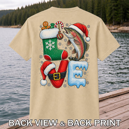 LOVE Christmas Rainbow Trout Fishing Graphic T-Shirt | Back Print