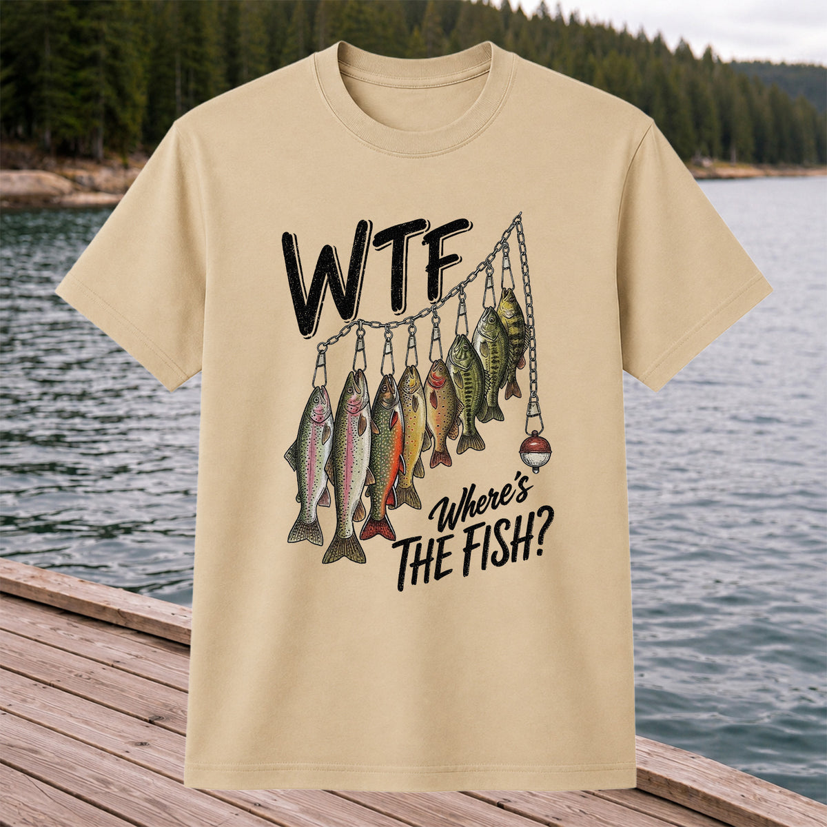 WTF Where's the Fish Trout and Bass Stringer Funny Fishing T-Shirt