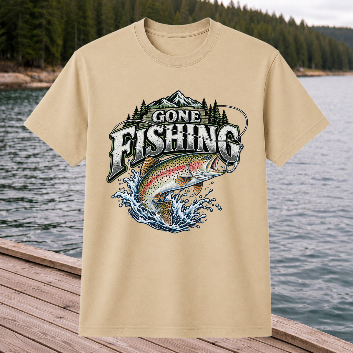 Gone Fishing Rainbow Trout and Mountains Graphic T-Shirt