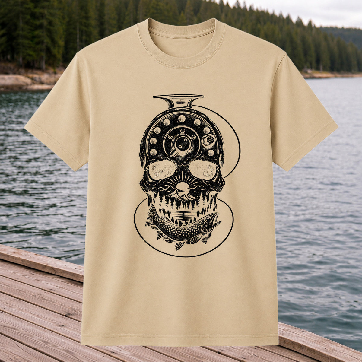 Trout and Fly Fishing Reel Skull Mountain Graphic T-Shirt
