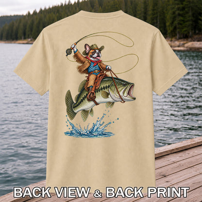 French Bulldog Cowboy Riding a Bass Fishing Graphic T-Shirt | Back Print