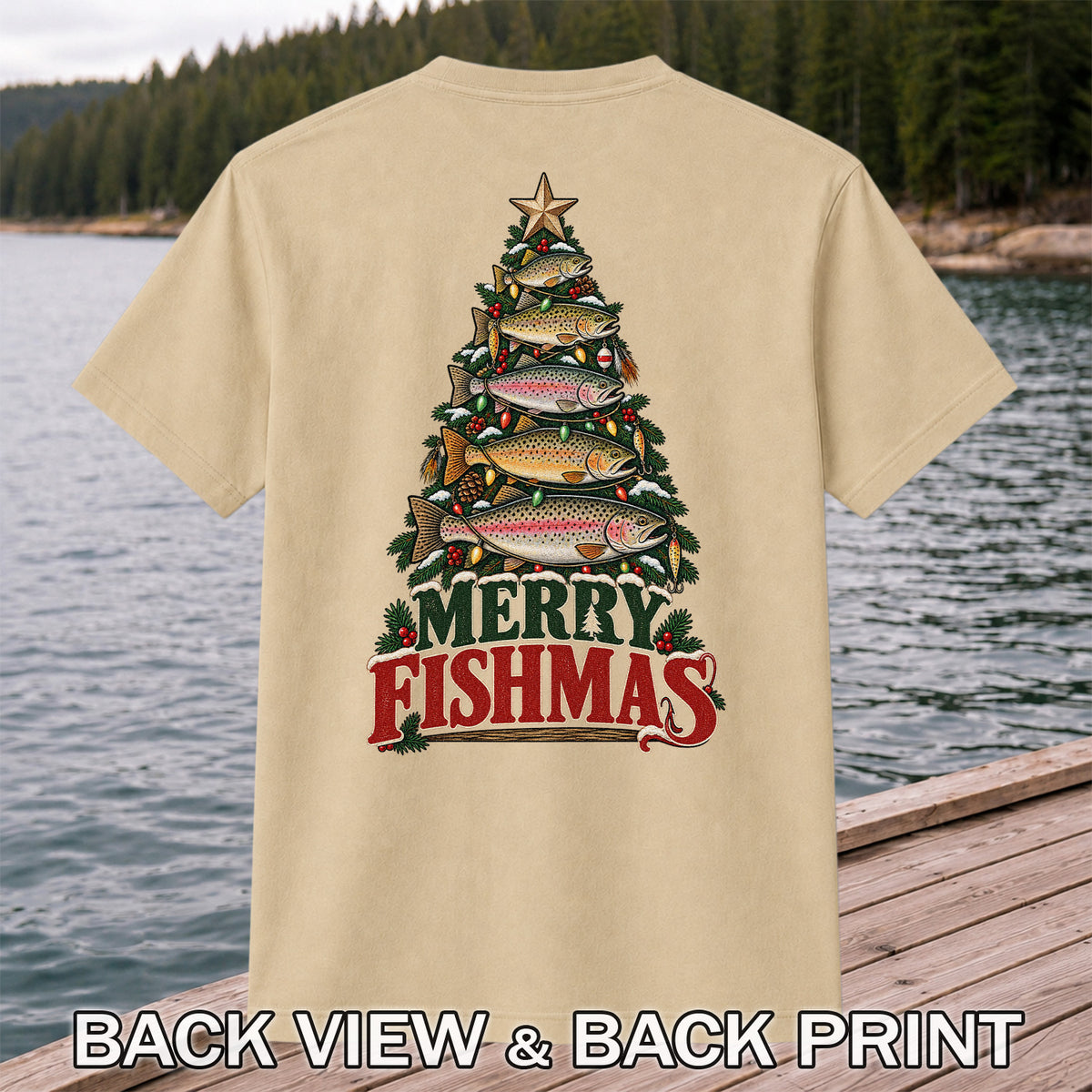 Merry Fishmas Trout Christmas Tree Fishing T-Shirt | Back Print