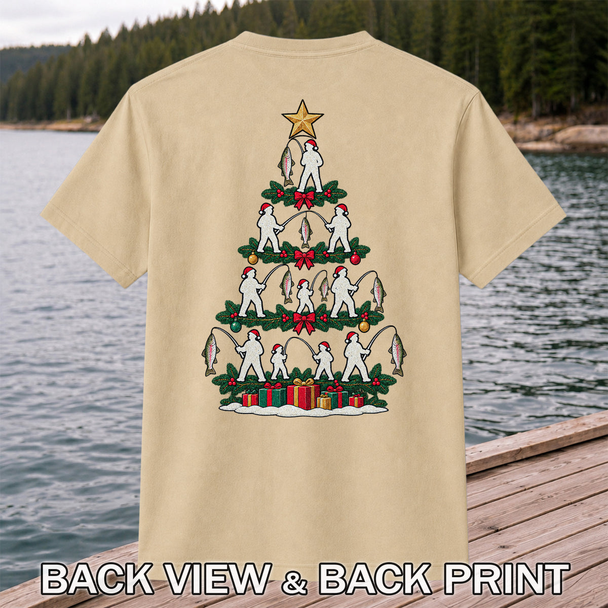 Christmas Tree with Anglers and Rainbow Trout Fishing Graphic T-Shirt | Back Print