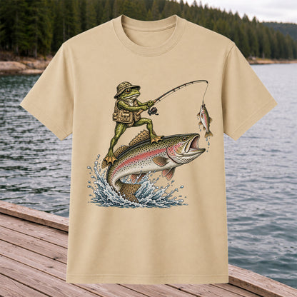 Frog Angler Riding a Rainbow Trout Fishing Graphic T-Shirt