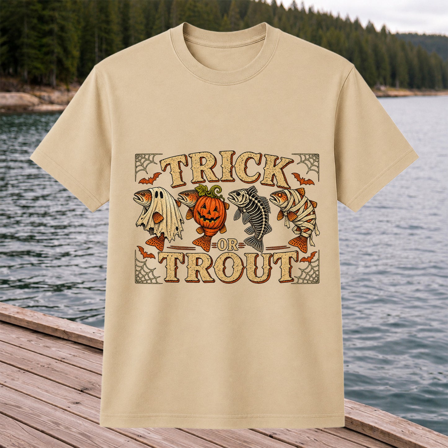 Trick or Trout Halloween Fishing Lineup Graphic T-Shirt