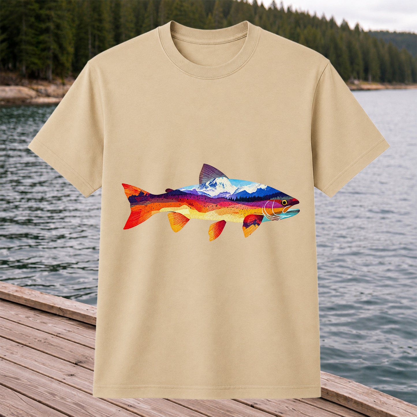 Mountain Sunset Trout Silhouette Fishing Graphic T-Shirt