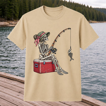 Skeleton Woman Fishing on a Cooler with Fish Bones Graphic T-Shirt