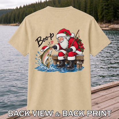 Santa Fishing for Rainbow Trout Christmas Graphic T-Shirt | Back Print