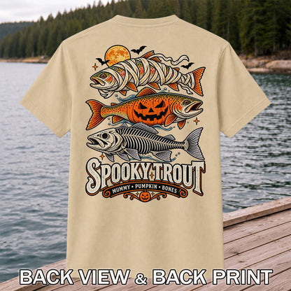 Spooky Trout Mummy Pumpkin Bones Halloween Fishing T-Shirt | Back Print