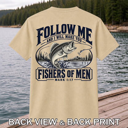 Follow Me Fishers of Men Christian Bass Fishing Graphic T-Shirt | Back Print