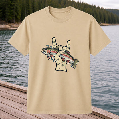 Rainbow Trout Rock On Hand Gesture Fishing Graphic T-Shirt
