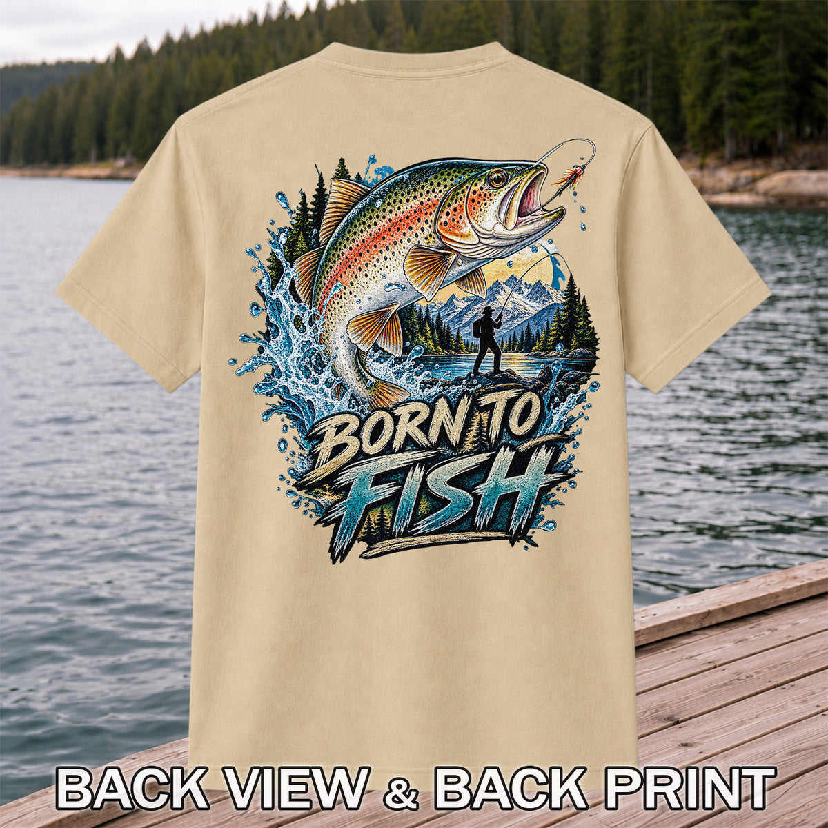 Born to Fish Rainbow Trout Fly Fishing Graphic T-Shirt | Back Print