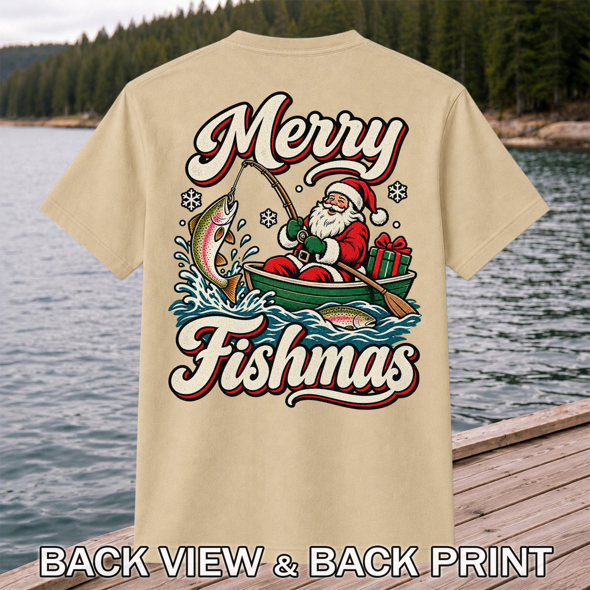 Merry Fishmas Santa Catching Rainbow Trout in a Boat Fishing T-Shirt | Back Print
