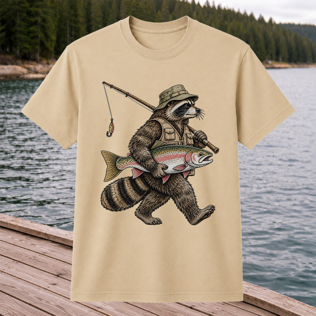 Raccoon Angler Holding Rainbow Trout Fishing Graphic T-Shirt