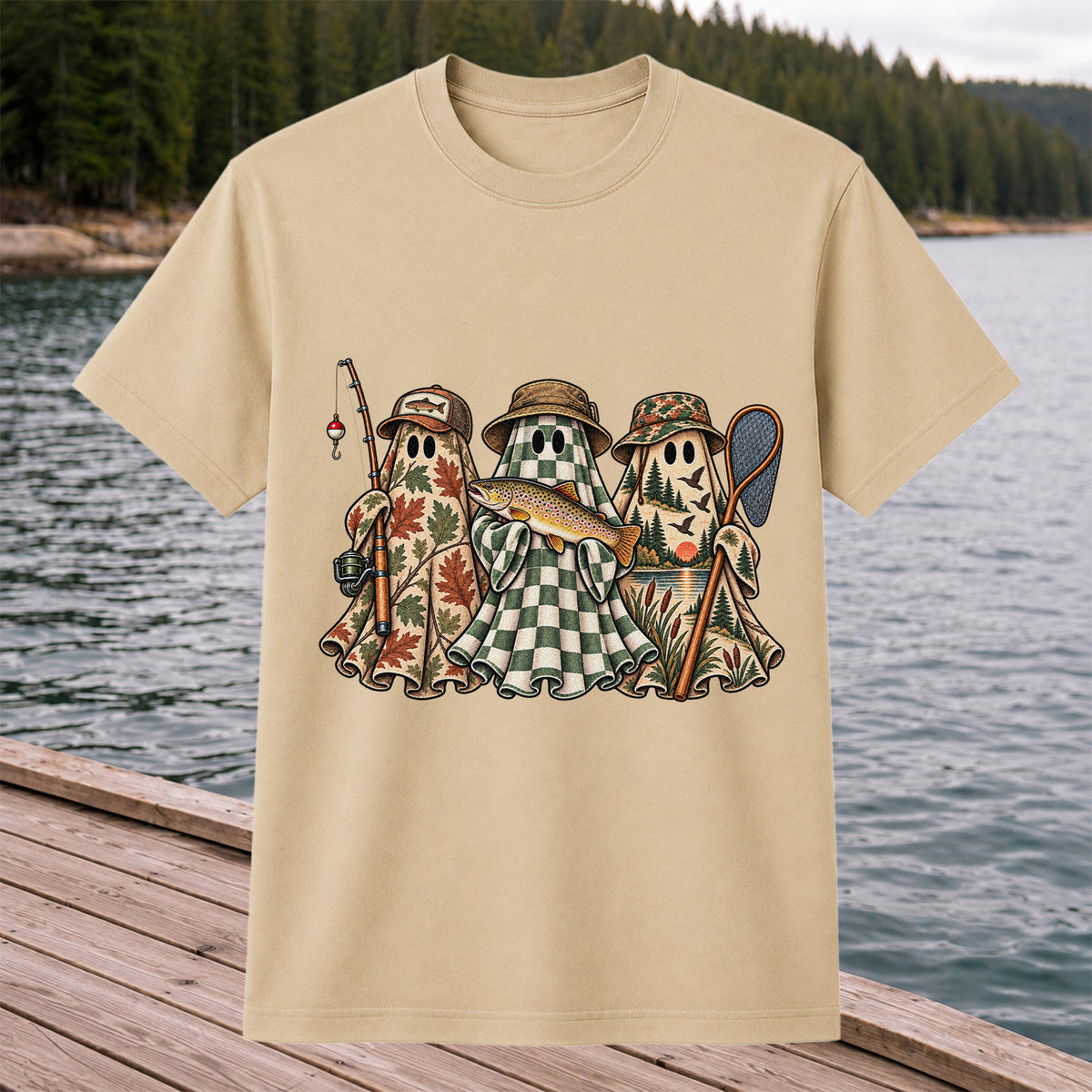 Autumn Ghost Trio with Brown Trout Halloween Fishing T-Shirt