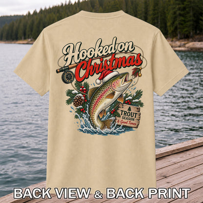 Hooked on Christmas Rainbow Trout in Santa Hat Fishing T-Shirt | Back Print