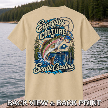 Enjoying the Culture of South Carolina Trout and Crab Fishing T-Shirt | Back Print