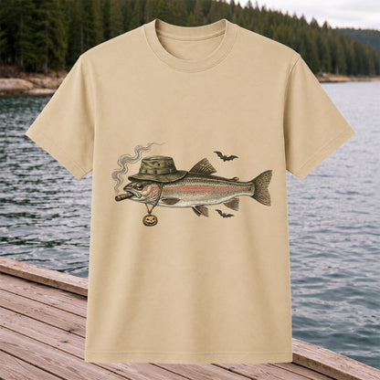 Halloween Trout in Fishing Hat with Pumpkin Charm Graphic T-Shirt