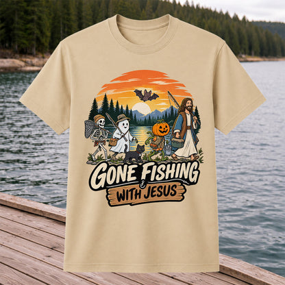 Gone Fishing with Jesus Skeleton Ghost and Pumpkin Halloween Fishing T-Shirt