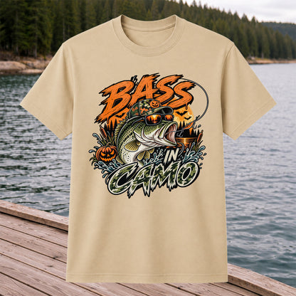 Bass in Camo Halloween Pumpkin Bass Fishing Graphic T-Shirt