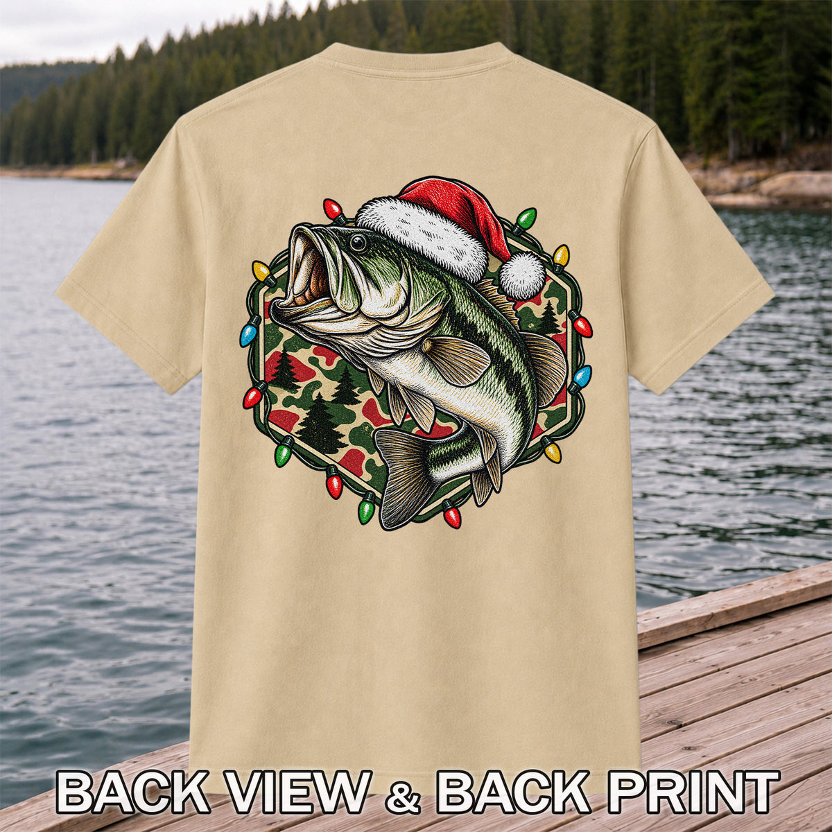 Santa Hat Largemouth Bass Christmas Fishing Graphic T-Shirt | Back Print