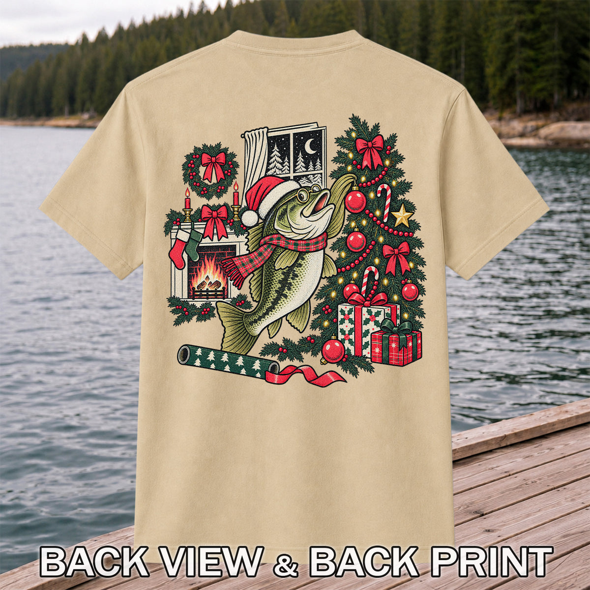 Christmas Bass Fishing Fireplace Tree Graphic T-Shirt | Back Print