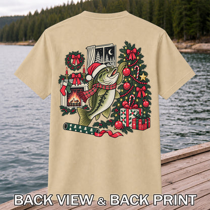 Christmas Bass Fishing Fireplace Tree Graphic T-Shirt | Back Print