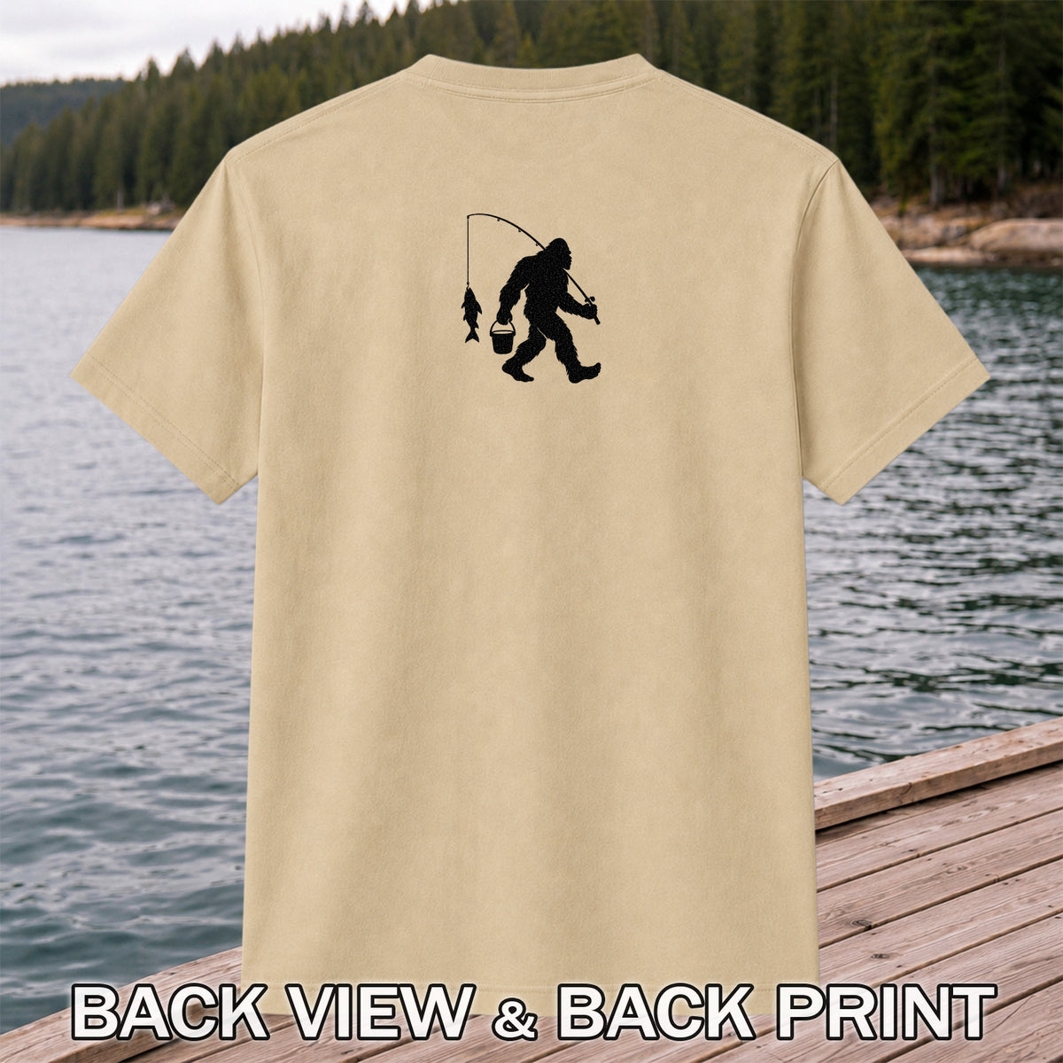 Fishing Silhouette with Catch and Bucket Graphic T-Shirt | Back Print