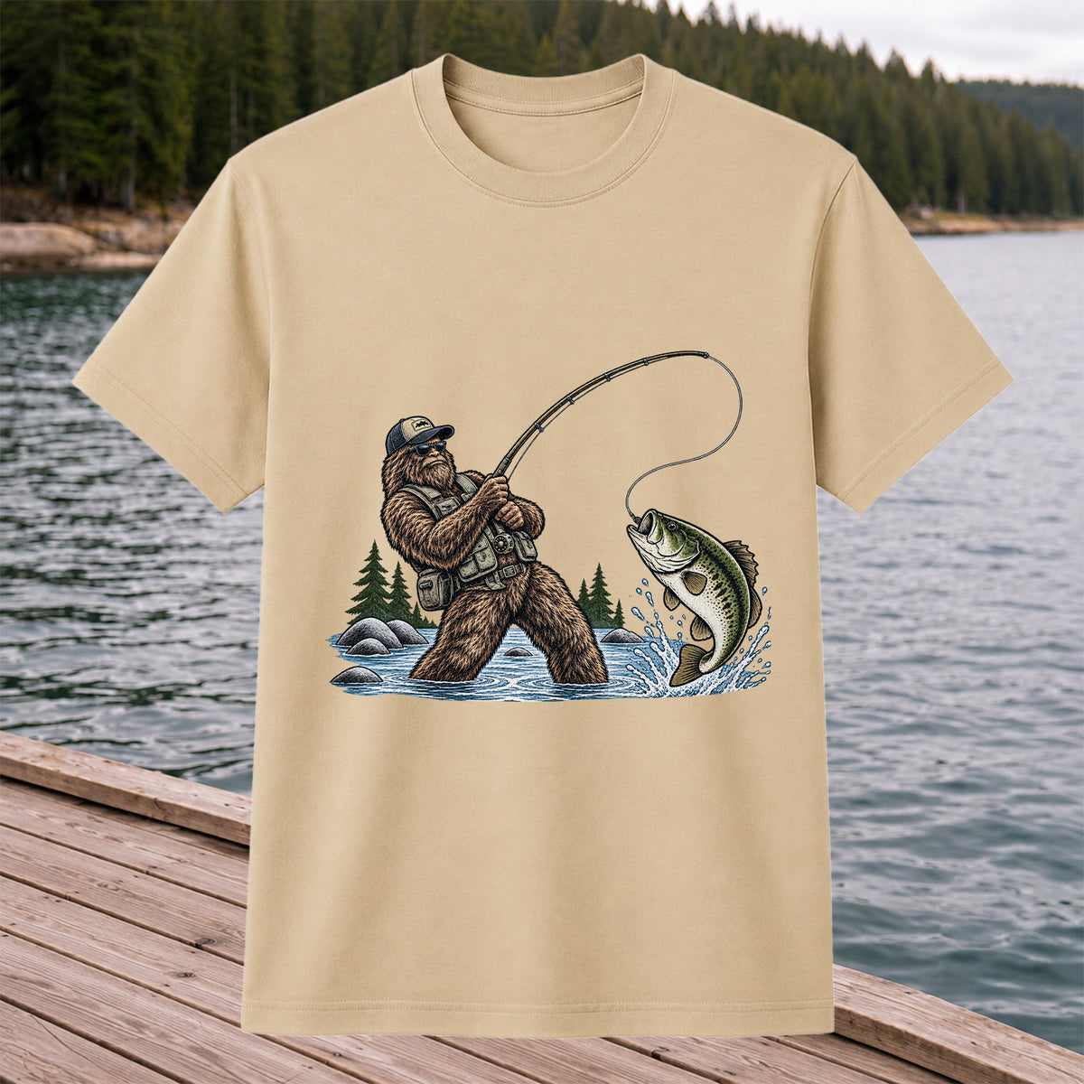 Bear Catching Bass Fishing Graphic T-Shirt