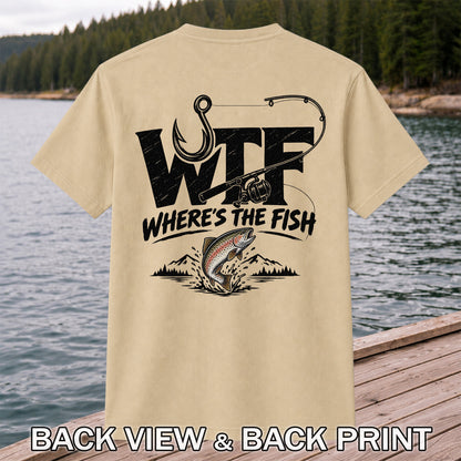 WTF Where's the Fish Jumping Trout and Fishing Rod T-Shirt | Back Print