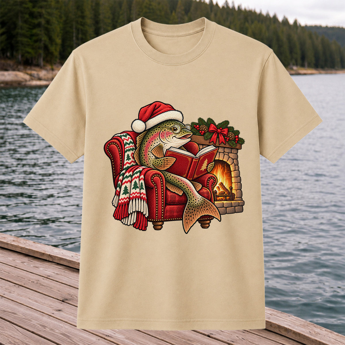 Christmas Trout Reading by the Fireplace Fishing T-Shirt
