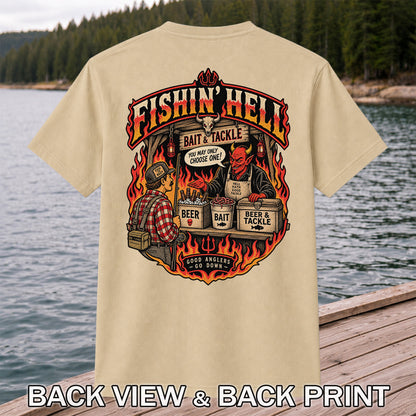 Fishin' Hell Devil Bait and Tackle Funny Fishing T-Shirt | Back Print