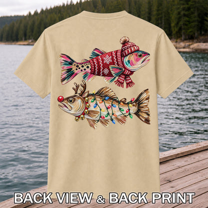 Festive Christmas Fish with Lights Fishing Graphic T-Shirt | Back Print