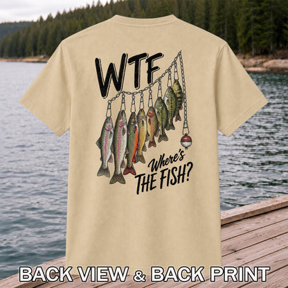 WTF Where's the Fish? Funny Fish Stringer Fishing Graphic T-Shirt | Back Print