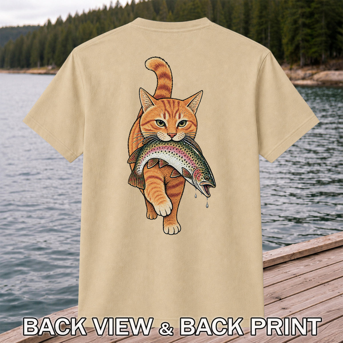 Cat Holding Trout Funny Fishing Graphic T-Shirt | Back Print