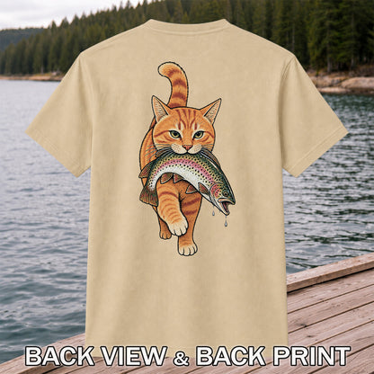 Cat Holding Trout Funny Fishing Graphic T-Shirt | Back Print
