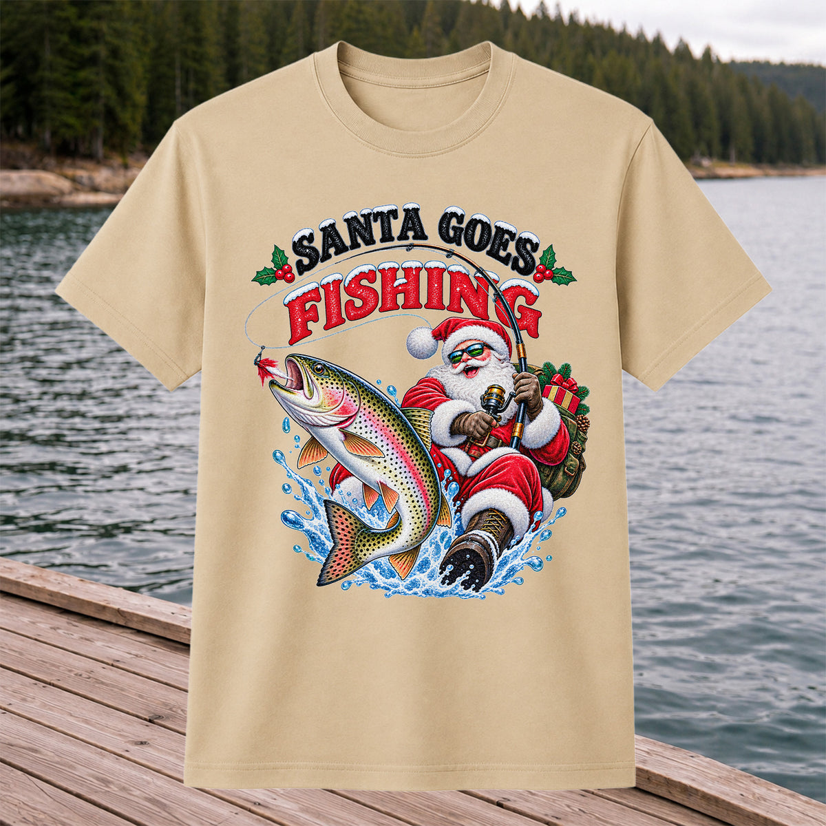 Santa Goes Fishing Rainbow Trout Christmas Graphic T-Shirt